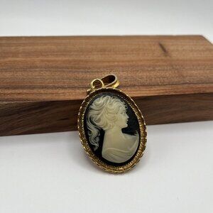 Vintage Black Resin Carved Shell Victorian Lady Faux Cameo Pendant Gold Tone